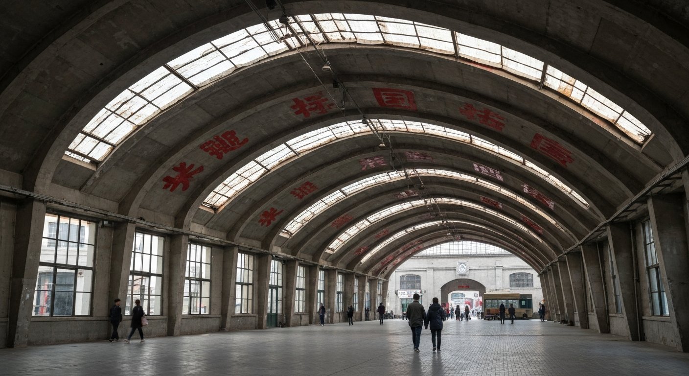 the sawtooth roofline and arched concrete ceiling of a converted 798 factory hall in Beijing, with faded red Maoist slogans still visible overhead