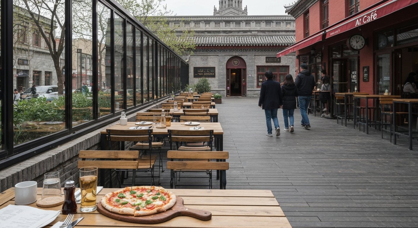 the light-filled terrace at At Café in 798 Art District, with a wood-fired pizza just served on a table beside the gallery lanes
