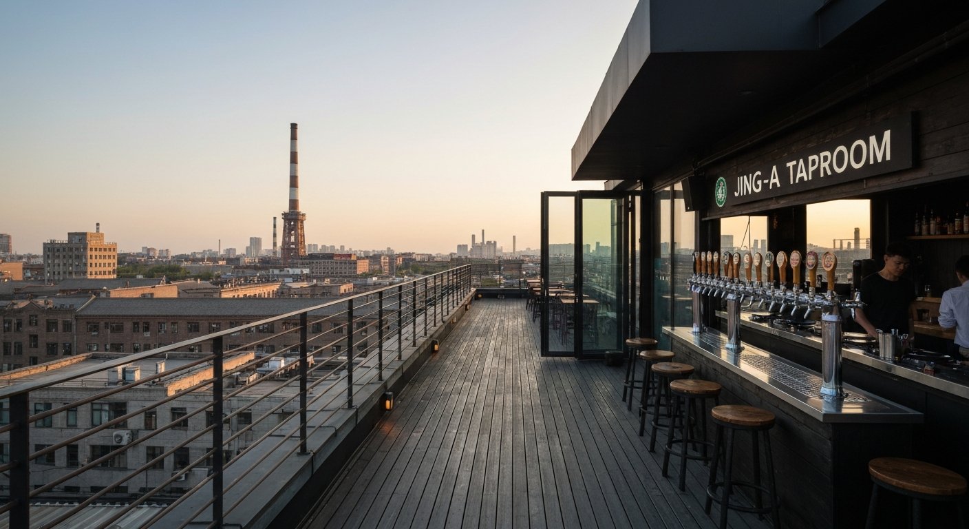 Jing-A Taproom rooftop in 798 at golden hour, with 24 beer taps inside, DJ decks, and the industrial district spread out beyond the railing