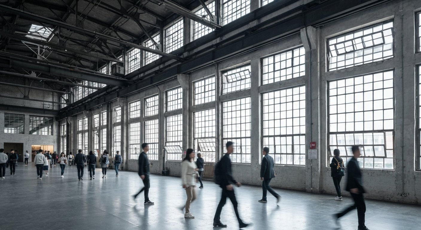 the UCCA Center for Contemporary Art in Beijing inside a restored 1957 factory hall, with visitors moving through the OMA-renovated space under tall industrial windows