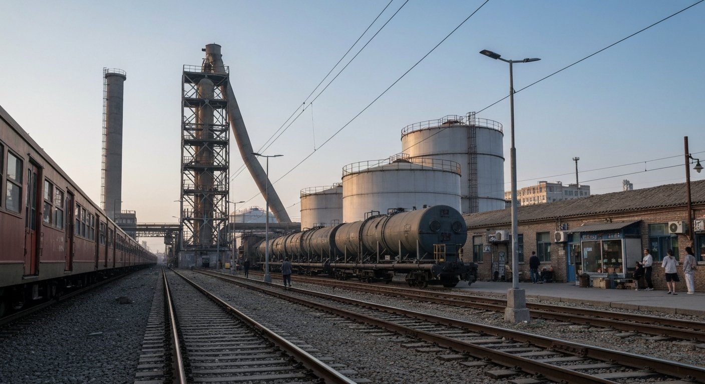 the old railway, desulfurisation tower and gas tanks of adjacent 751 D·Park in Beijing, shot as an industrial photo backdrop in soft afternoon light