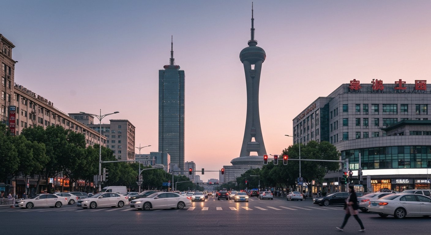 the CCTV Headquarters loop tower and nearby China Zun rising above Guomao at dusk, viewed from street level with traffic and office workers in the foreground