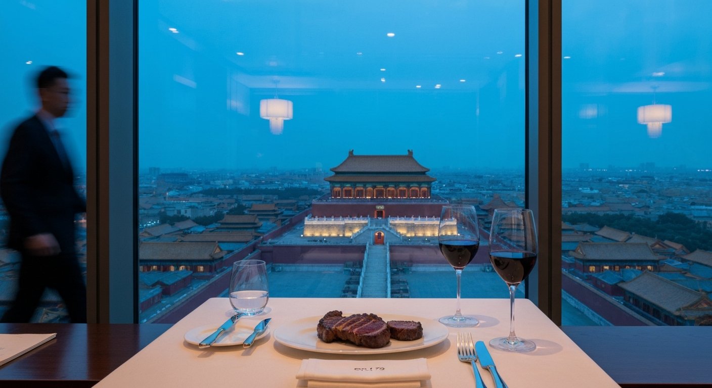 a table at Grill 79 on the 79th floor with steak, wine glasses and the Forbidden City faintly visible through floor-to-ceiling windows at blue hour