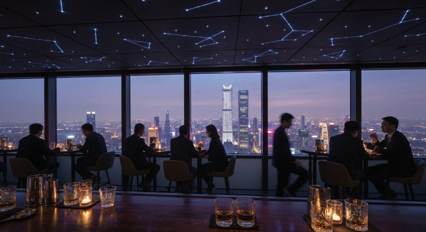 Atmosphere bar on the 80th floor with a constellation-lit ceiling, single-malt glasses and the illuminated CBD skyline spreading beyond the windows