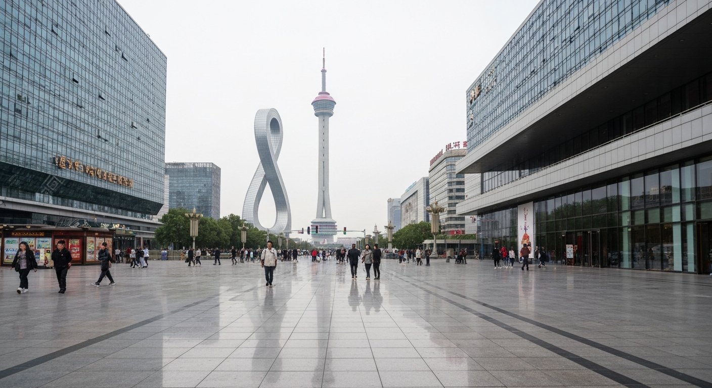 the CCTV Headquarters framed from the China World Mall plaza at street level, with reflective paving, pedestrians and the loop tower filling the composition