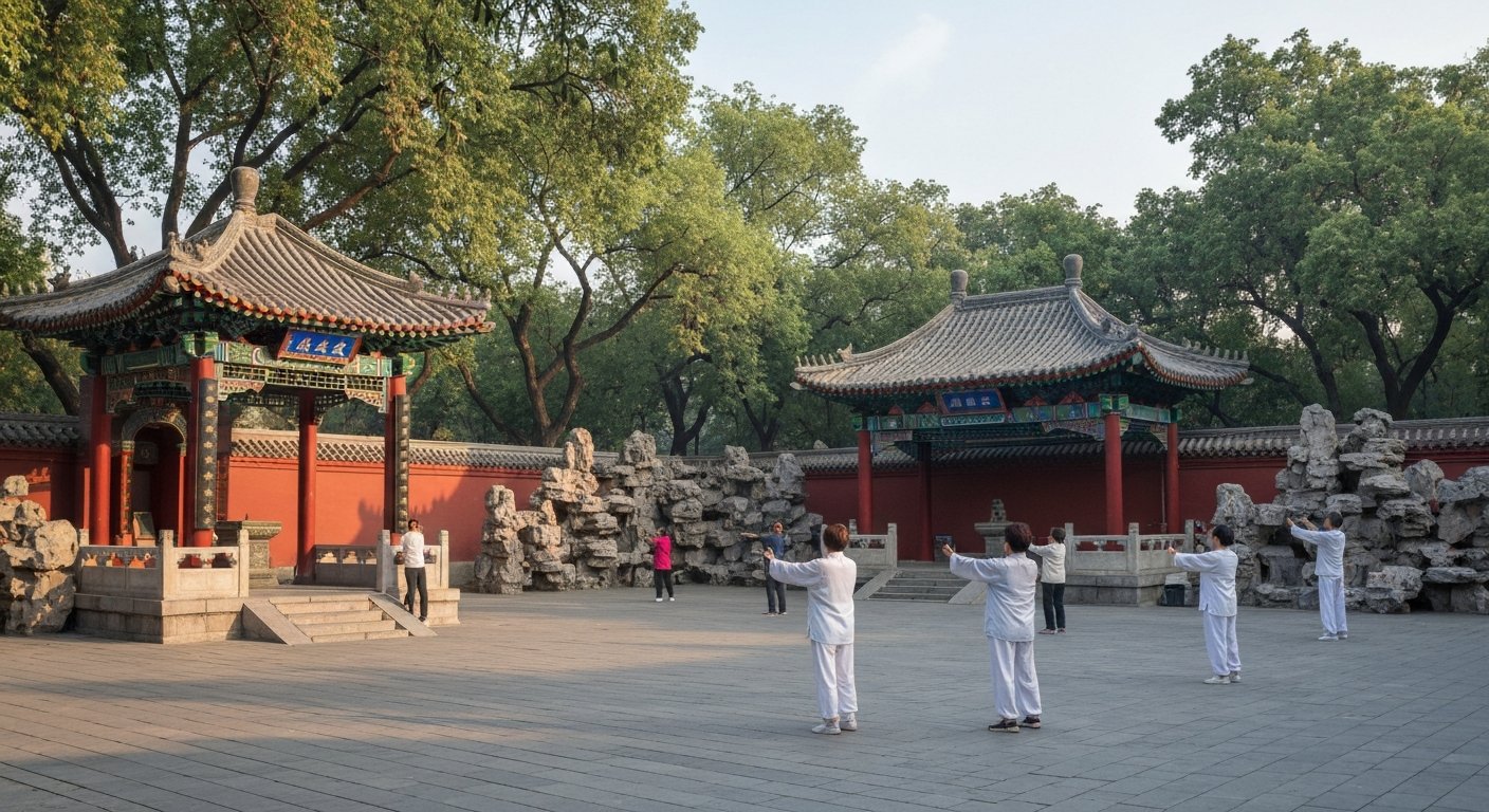 Ritan Park in soft morning light, with a Ming-era altar, pavilions, rock gardens and people doing tai chi among the trees