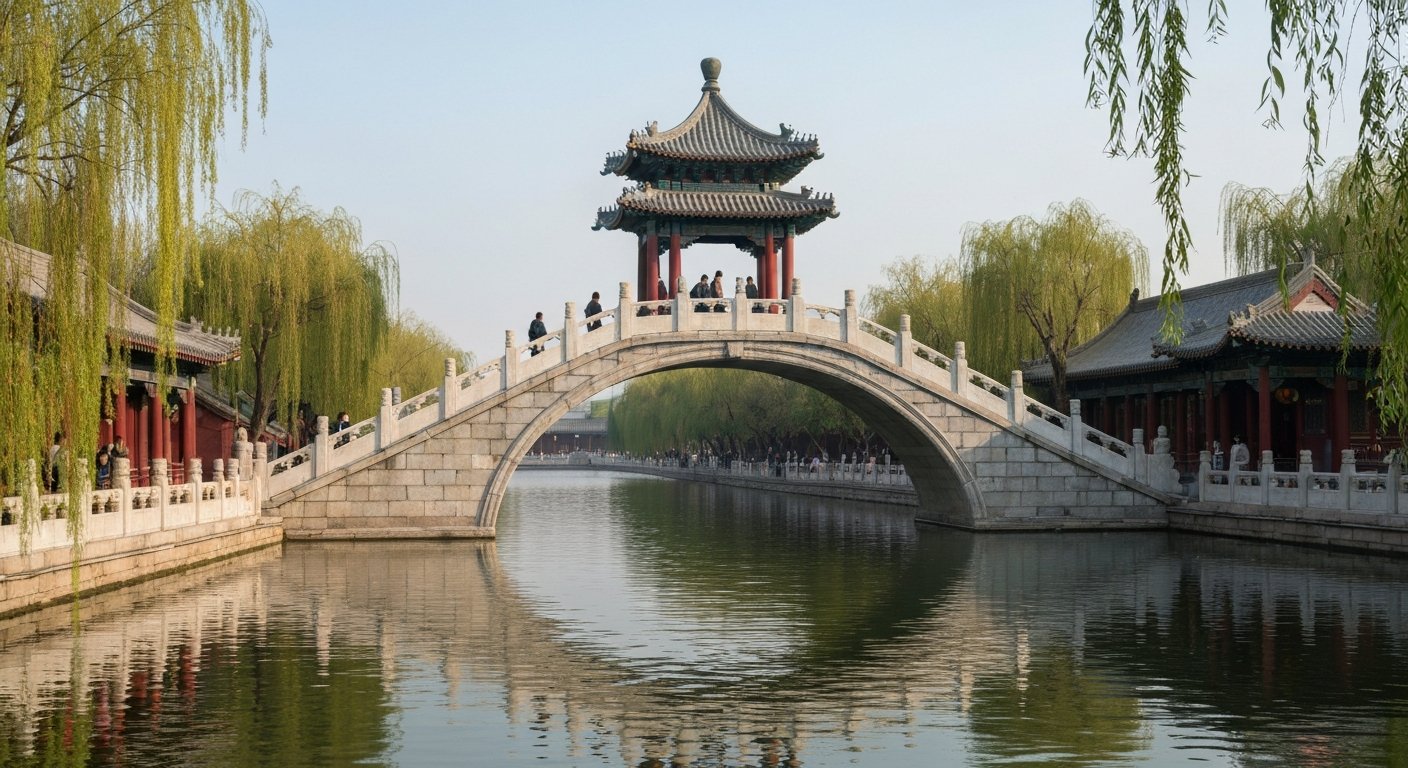 Silver Ingot Bridge arching over the narrow channel between Qianhai and Houhai at early morning, willow branches and still water framing the classic westward view