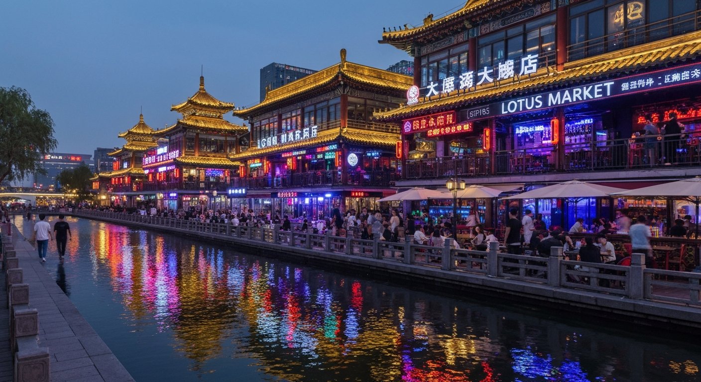 the Lotus Market bar strip on Qianhai at night, neon signs reflected in the water and crowds passing between outdoor terraces with live music