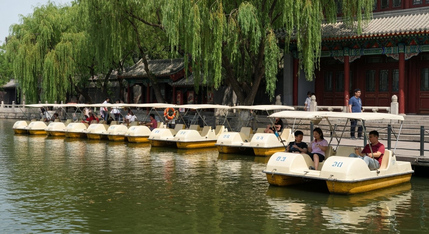 pedal boats moored at a Houhai jetty in summer light, willow reflections on the water and visitors stepping aboard for a slow lake ride
