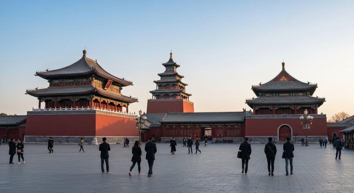 the Drum Tower and Bell Tower facing each other over the square in old Beijing, grey roofs and red walls under late-afternoon light