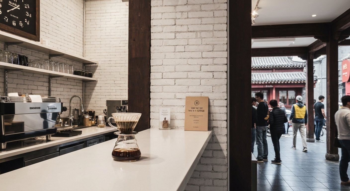 Wake Up & Coffee on Beiluoguxiang, exposed beams and white brick framing a brewed pour-over on a minimalist counter