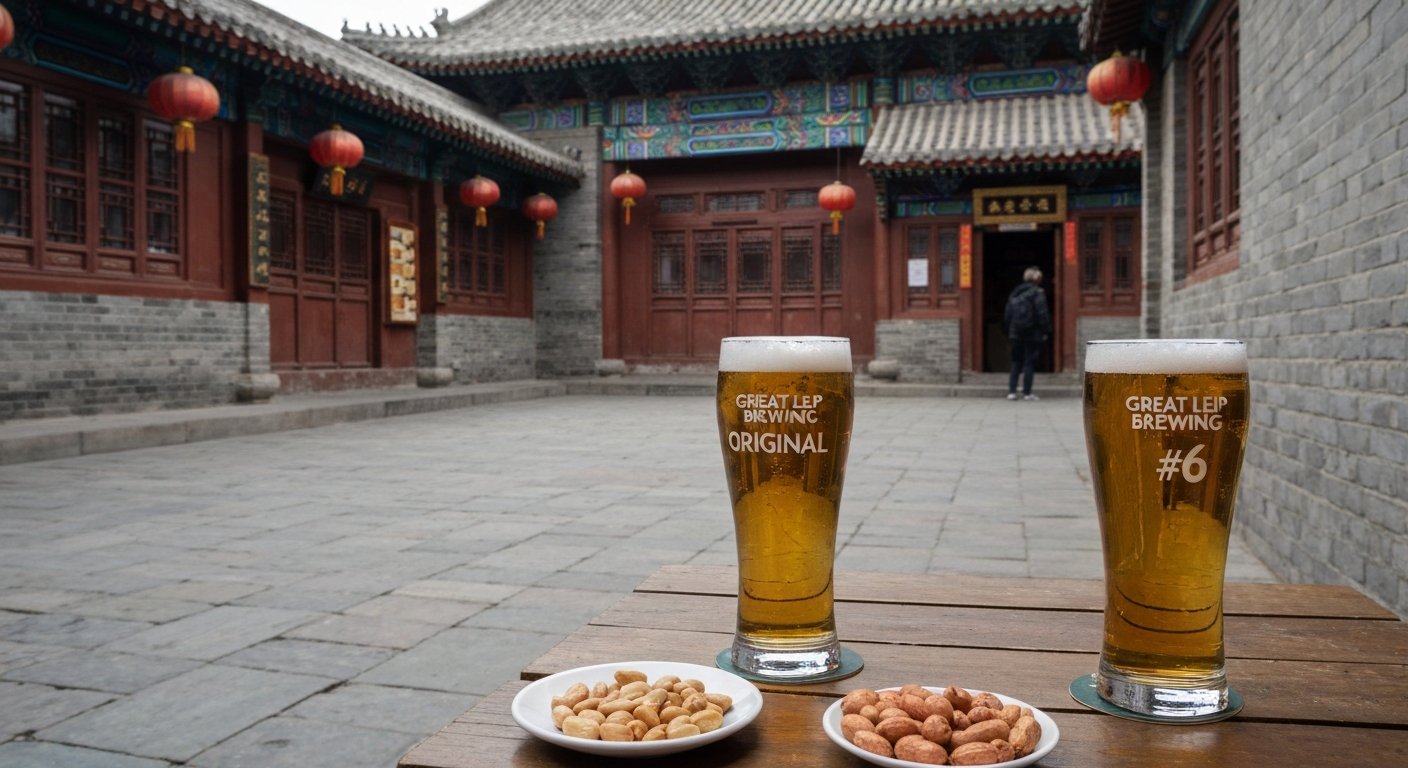 Great Leap Brewing Original #6 in a walled Qing courtyard on Doujiao Hutong, beer glasses on flagstones and spiced peanuts on the table