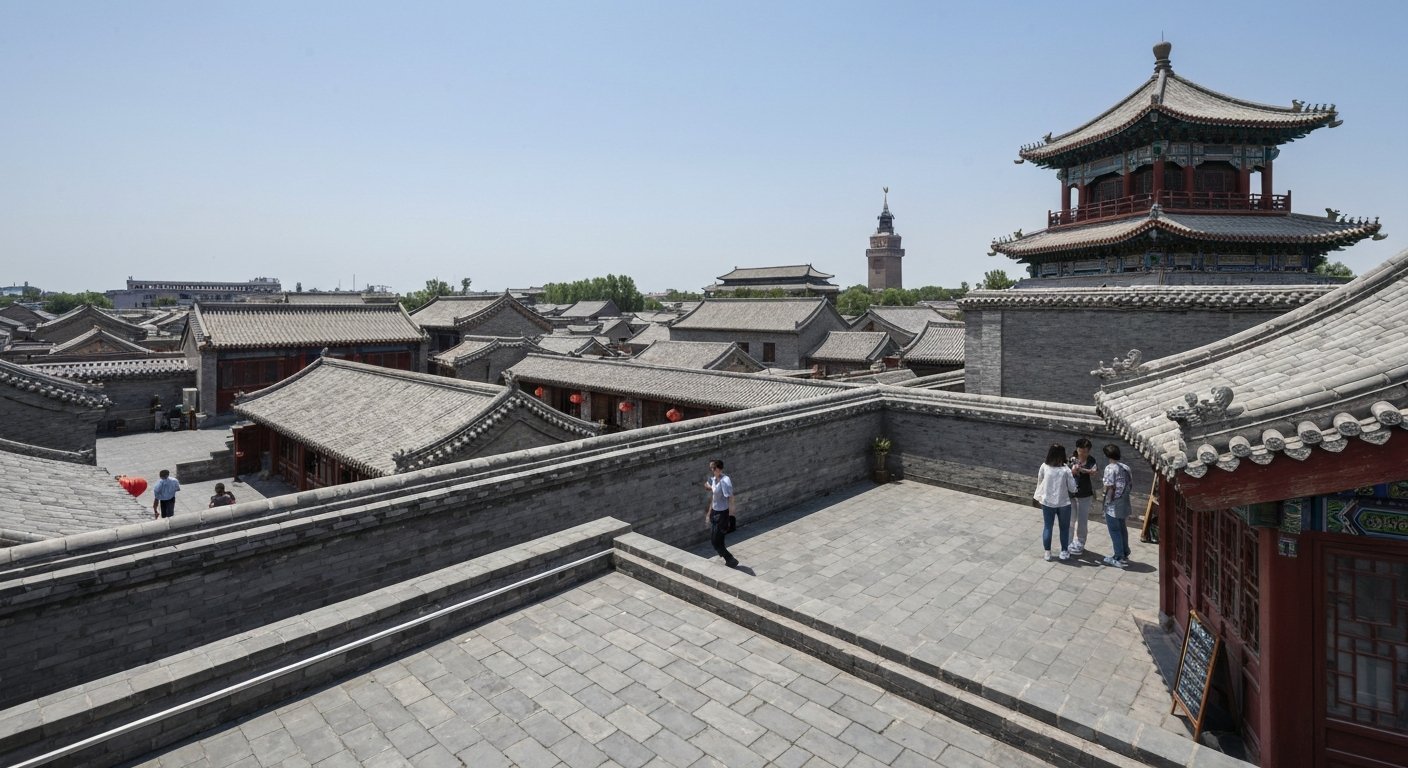 the rooftop view from the Drum Tower over grey-tiled hutong courtyards toward the Bell Tower, seen in clear daylight