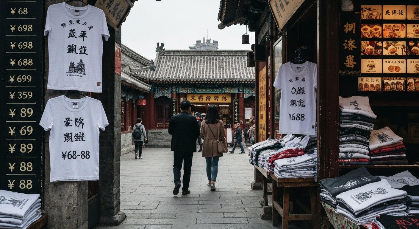 Plastered 8 T-shirts on Nanluoguxiang, folded tees printed with old Beijing icons and price tags around ¥68–88