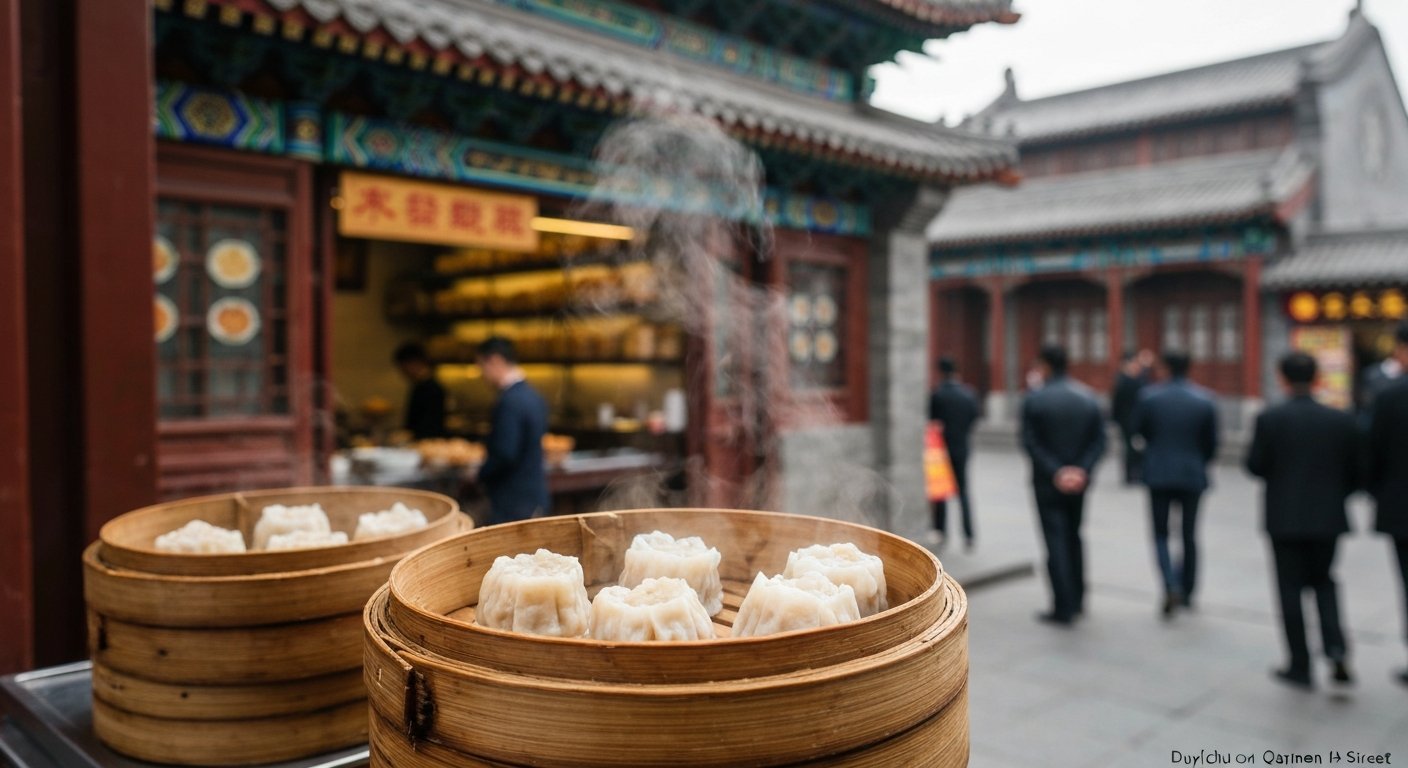 a steamy bamboo basket of shaomai at Duyichu on Qianmen Street, the historic shopfront visible behind the counter