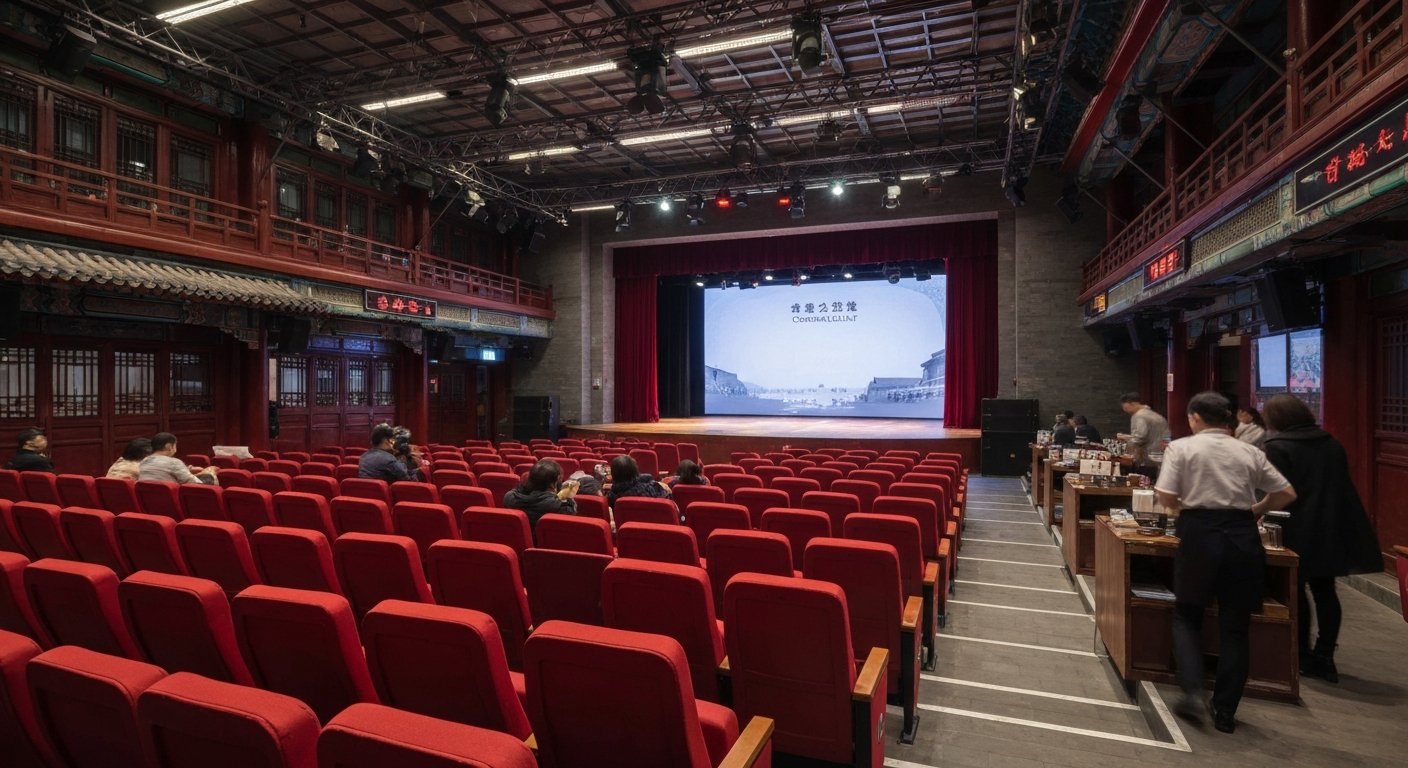the intimate stage interior at Deyun Community in Dashilar, red seating and a small crosstalk performance space lit for evening showtime