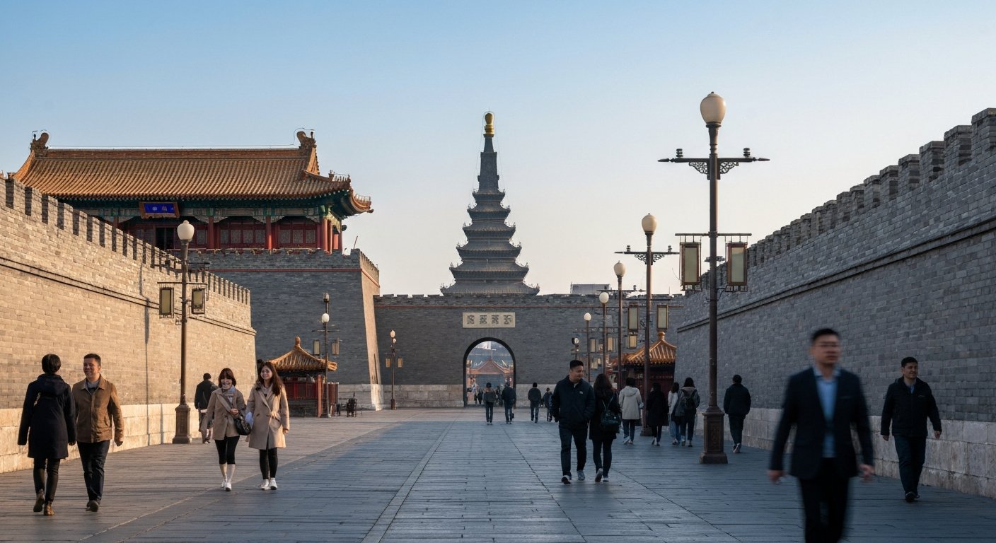 Zhengyangmen Gate and the Arrow Tower seen from below, old brickwork and the central axis stretching north on a clear Beijing morning