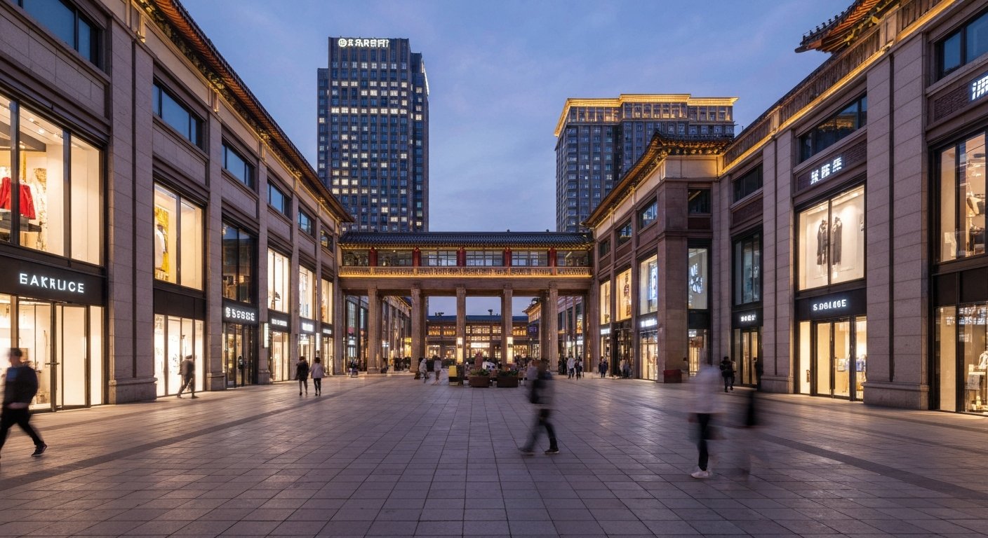 Taikoo Li Sanlitun’s open-air courtyards at dusk, low-rise retail buildings glowing between luxury flagships and strolling shoppers