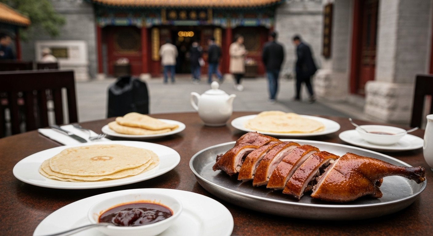 the carved roast duck and pancake service at Duck de Chine in 1949 The Hidden City, glossy skin, thin pancakes and plum sauce on a polished table