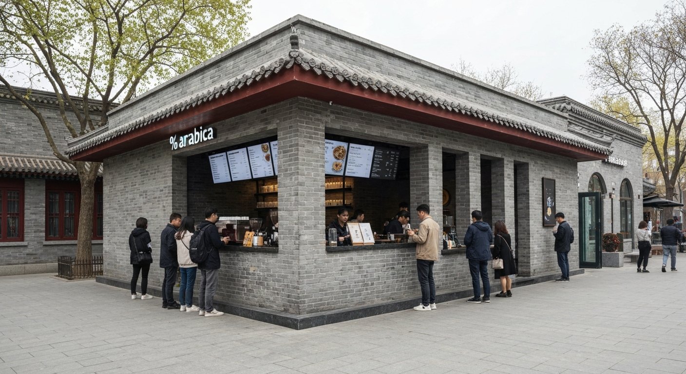 the grey-brick hutong-styled % Arabica pavilion in Taikoo Li, morning light on the queue and espresso counter