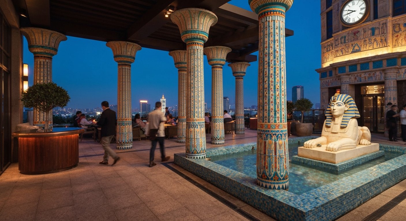 the Egyptian-themed terrace at Luxe Lounge on the 13th floor, tiled pillars and a sphinx water feature against Beijing night
