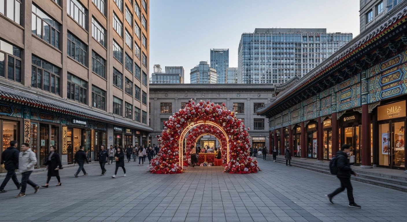 a seasonal public-art installation in Taikoo Li Sanlitun’s open courtyard, shoppers moving between low-rise buildings in late afternoon light