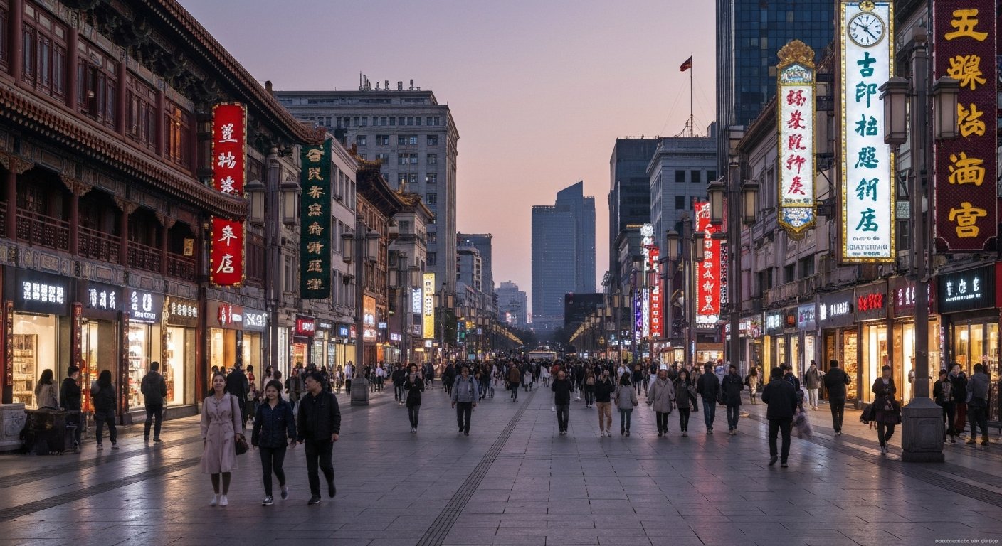 Wangfujing pedestrian avenue at dusk, bright shopfronts and dense evening foot traffic stretching north through central Beijing