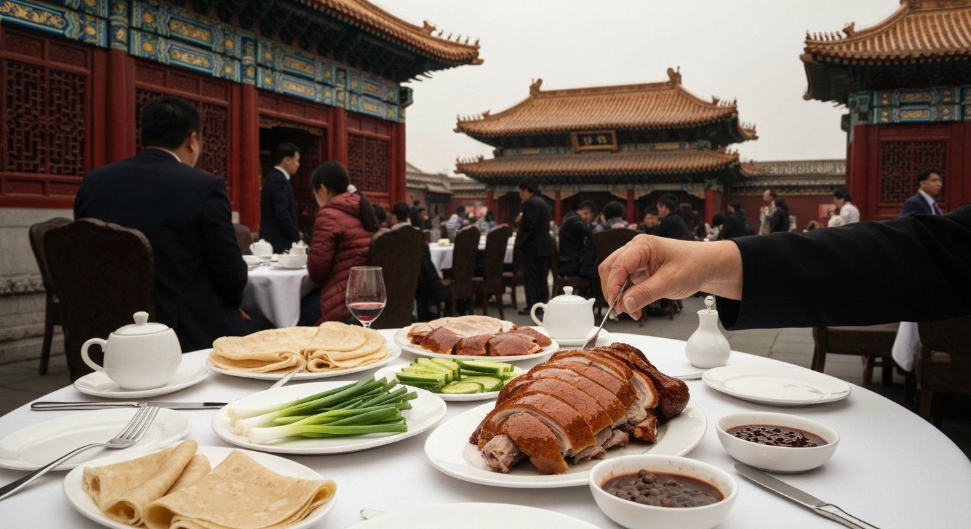 carved Peking duck at Quanjude Wangfujing, thin pancakes, scallions, cucumber and sweet bean sauce laid out on a formal restaurant table