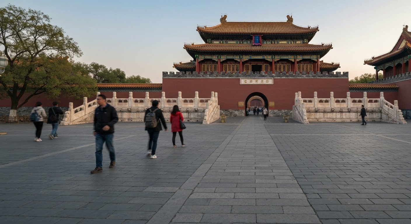 the East Gate approach to the Forbidden City in early morning light, quiet stone paving and palace walls just beyond Wangfujing
