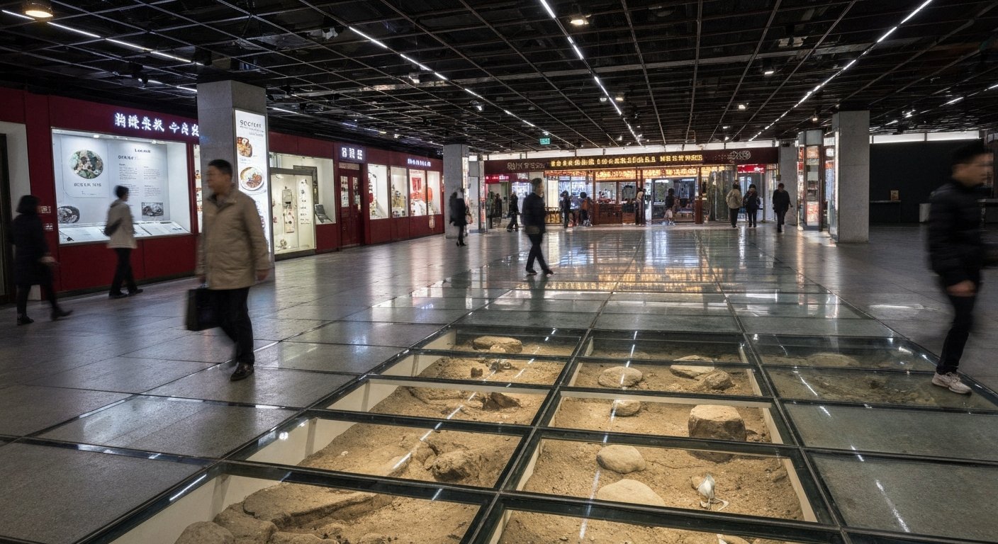 the Wangfujing Palaeolithic Museum under a glass floor in Oriental Plaza’s basement, preserved excavation and Stone Age display lighting
