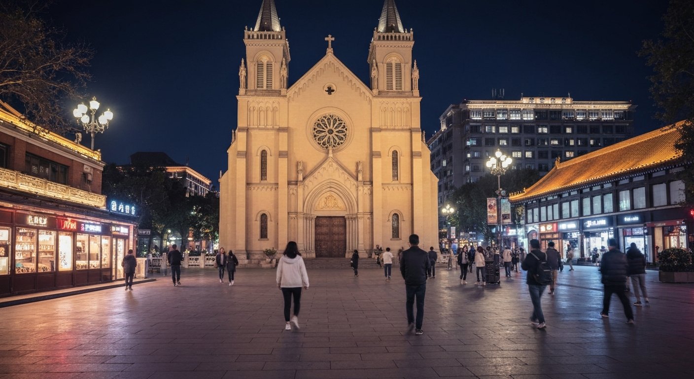 St Joseph’s Church (East Cathedral) floodlit at night, Romanesque-revival facade and open plaza off Wangfujing