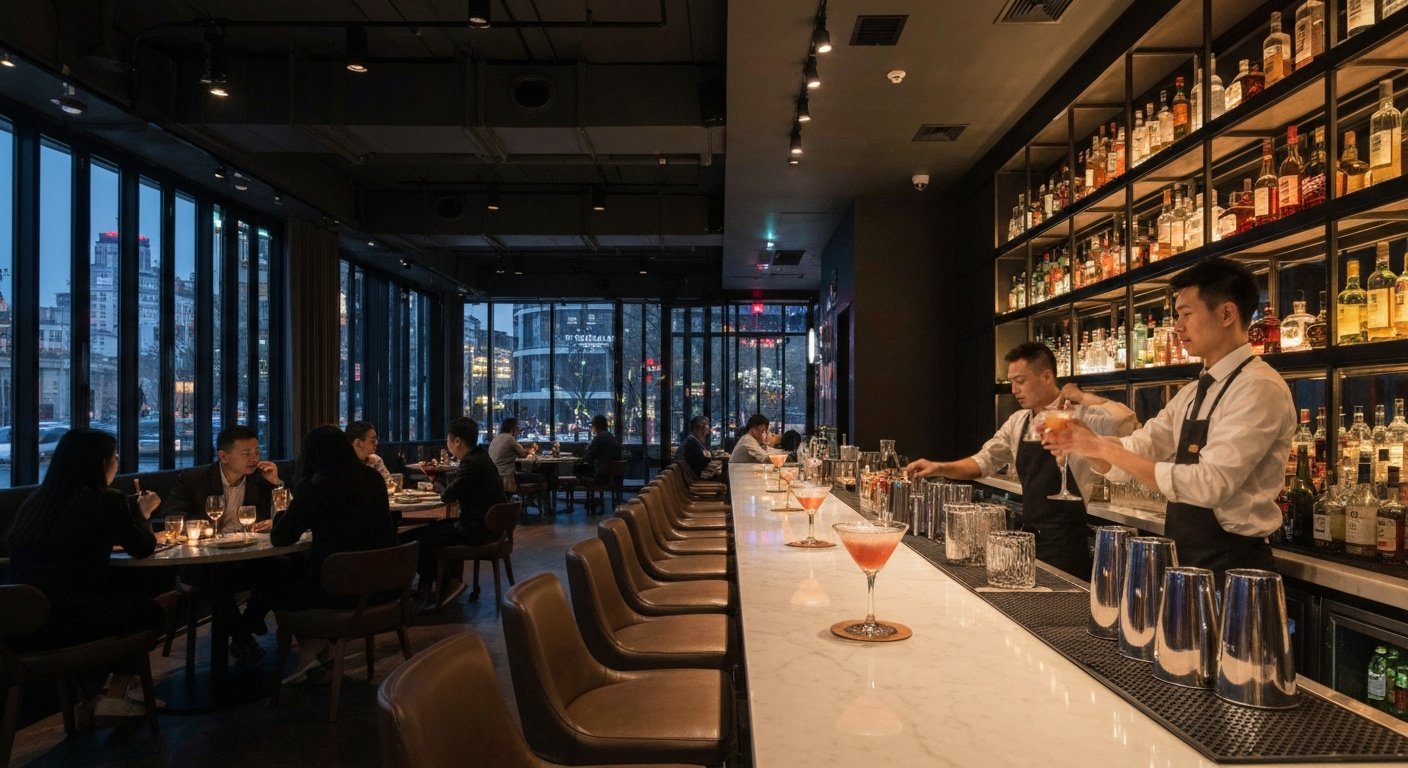 the dim interior of Catail in the Huaqing commercial tower, soft lighting on the bar, a bartender shaking a cocktail and a quiet date-night atmosphere