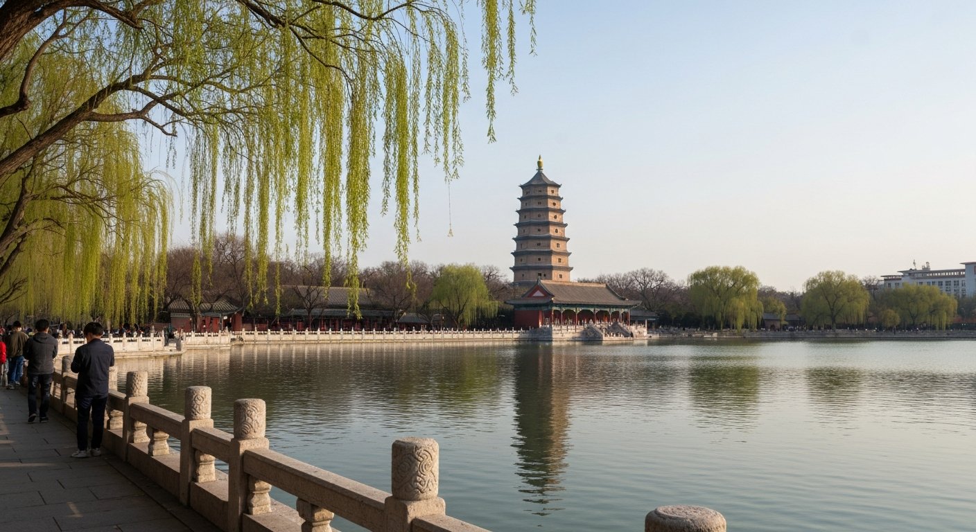 Weiming Lake at Peking University on a calm afternoon, willow branches over the water and the Boya Pagoda rising beyond the lake