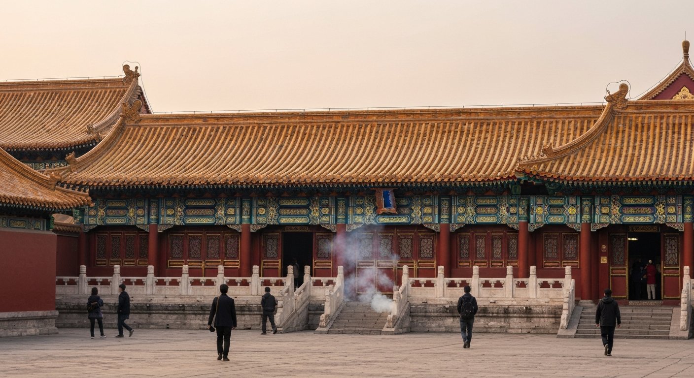 the Lama Temple’s yellow-tiled roofs and incense smoke drifting across the first courtyard at Yonghegong Street, Beijing, in soft morning light