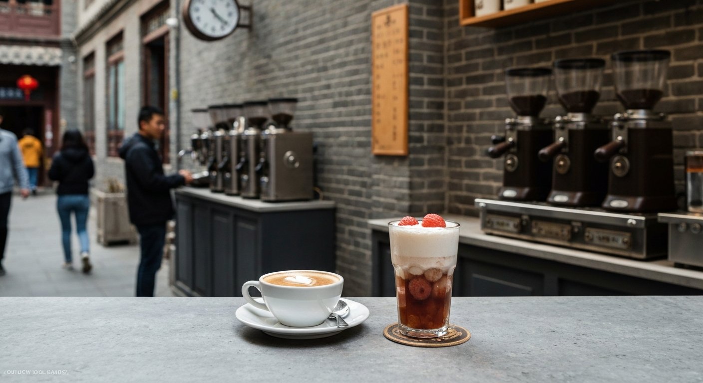 a flat white and a lychee-infused coffee on the counter at Metal Hands in Wudaoying Hutong, with vintage lever machines and grey-brick walls behind