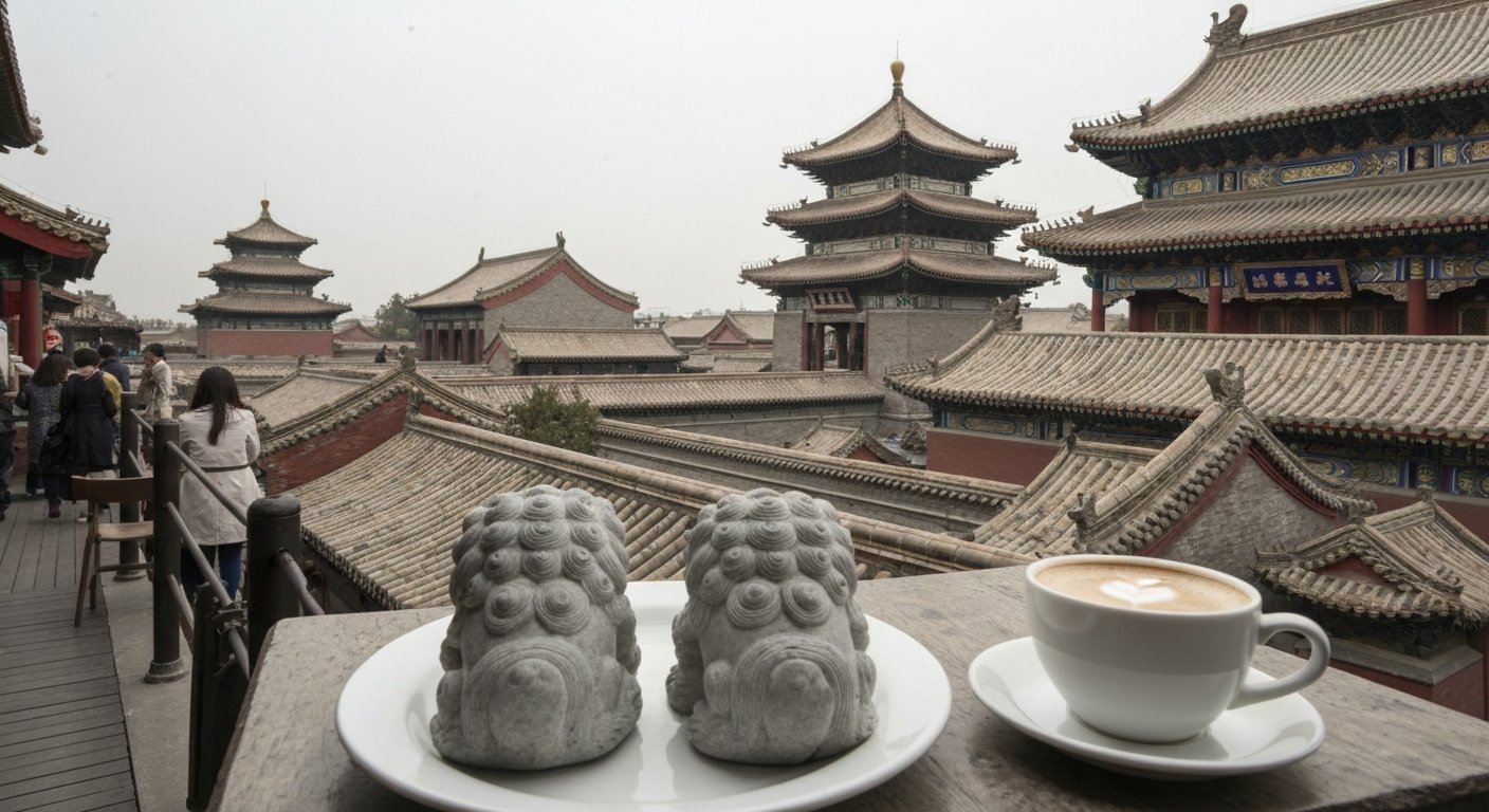 the third-floor terrace at Full Ding Coffee facing the Lama Temple roofs, with a plate of stone lion cakes and a cup of coffee in the foreground