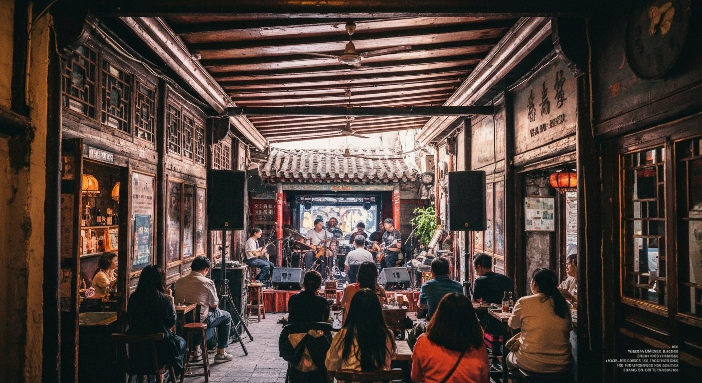 the narrow interior of V.A. Bar at No. 13, Wudaoying Hutong, with a small stage, compact sound system and a crowd gathered for a live jam session